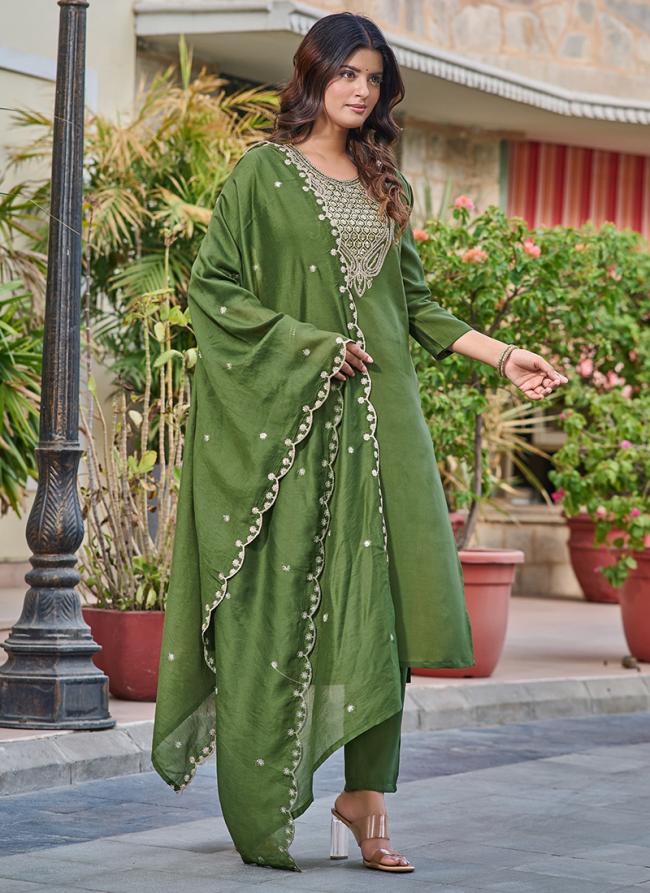 Pure Viscose Green Traditional Wear Embroidery Work Readymade 3 Pcs Kurti Set